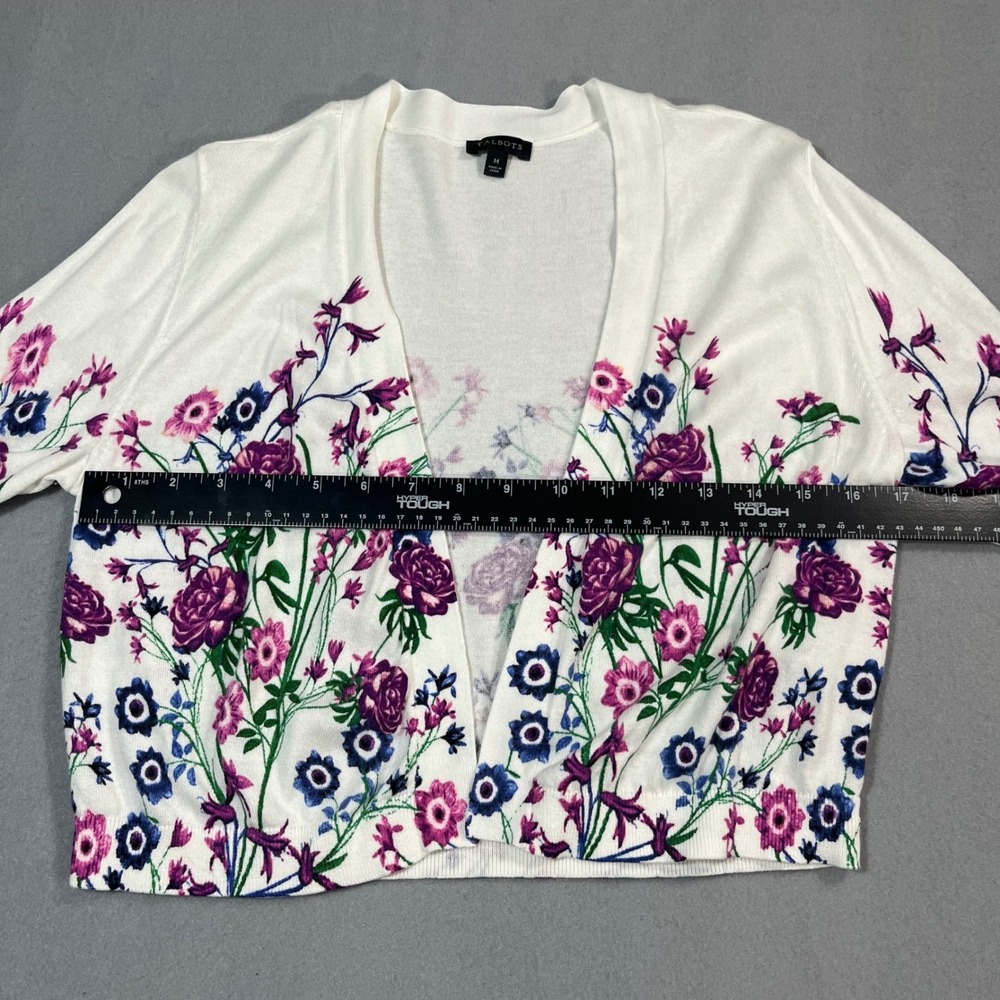 Talbots White Floral Open Front Cropped Cardigan Sweater‎ Women Sz M lightweight - Picture 4 of 10